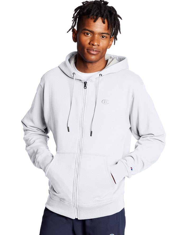 Champion Mens Hoodie NZ - Powerblend Fleece Full Zip C Logo White ( 9801-SMLJT )